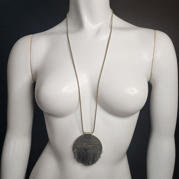 Canvas Gold Tone & Gray Fringe Necklace - Picture 2 of 5